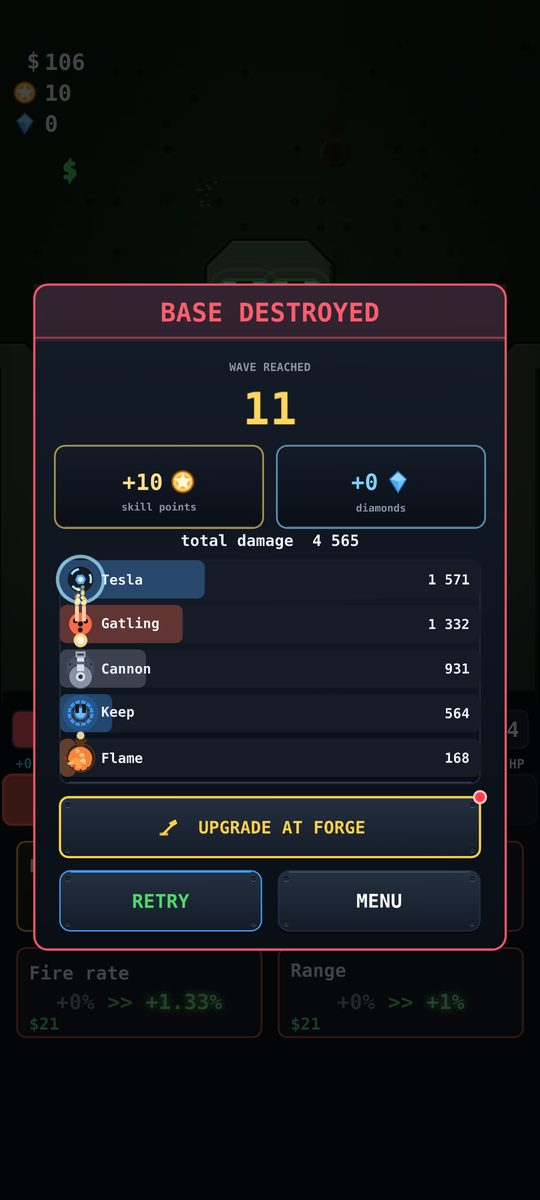 Base destroyed screen at the end of a run
